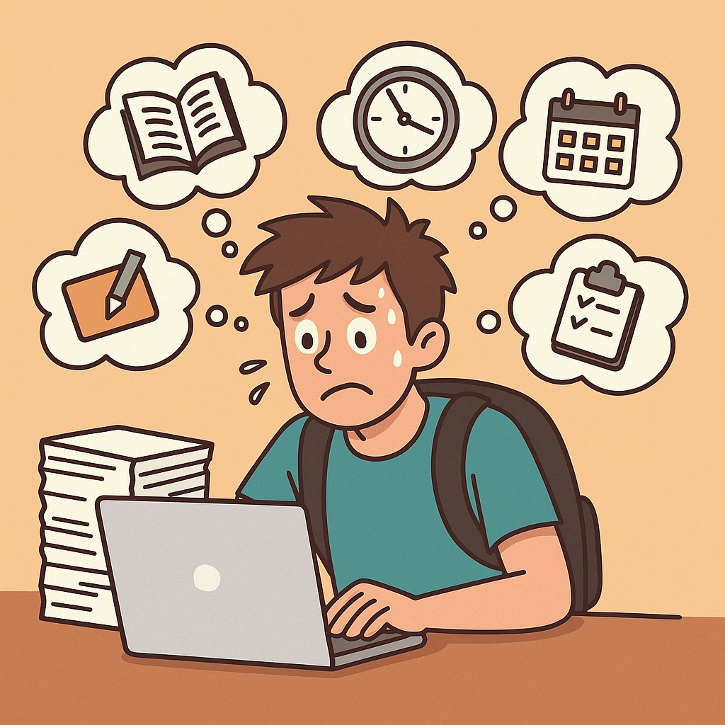 Cartoon of stressed student overwhelmed with tasks and deadlines