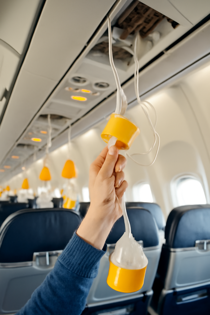 Passenger reaching for oxygen mask during emergency in airplane