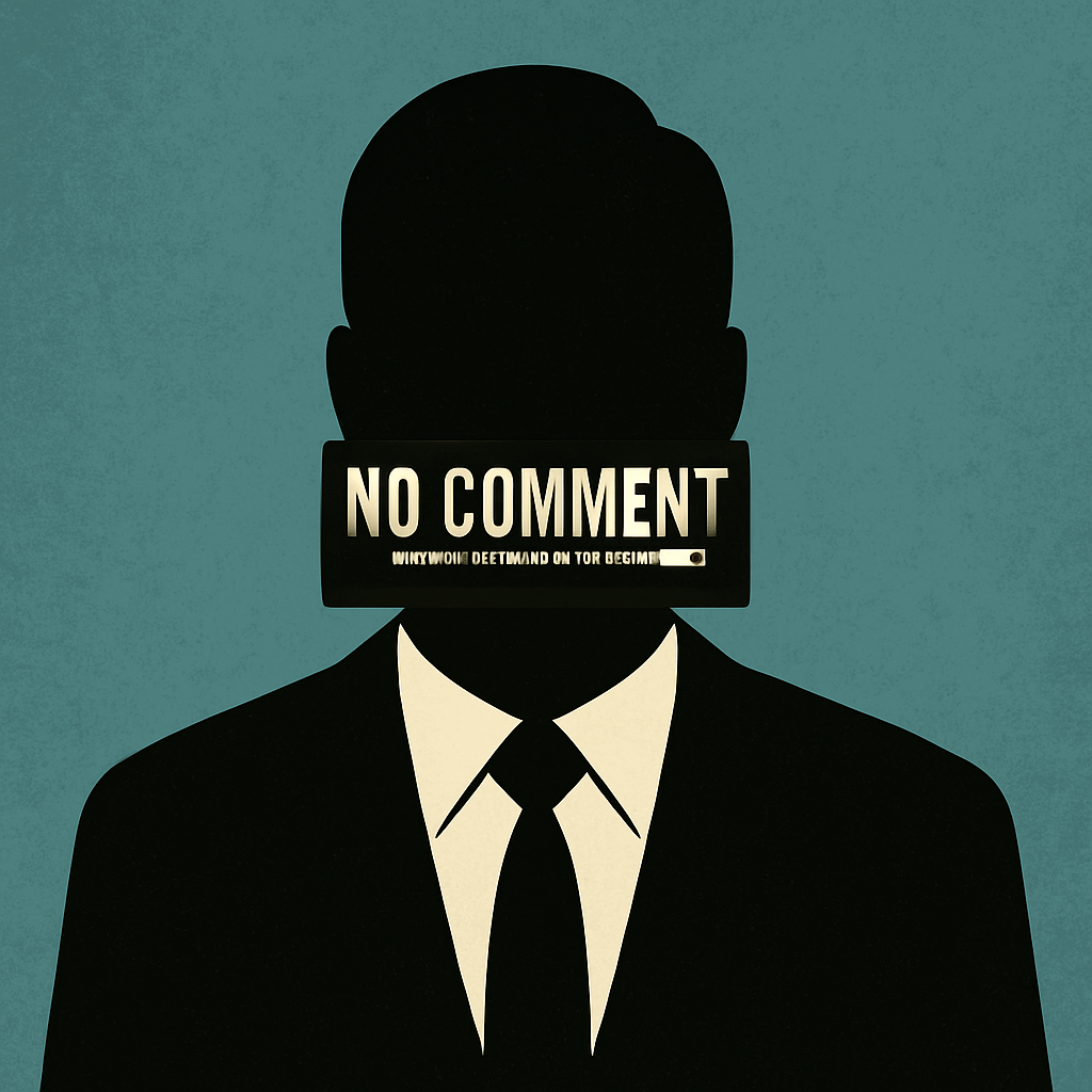 Silhouette of a politician with a "NO COMMENT" sign covering the mouth