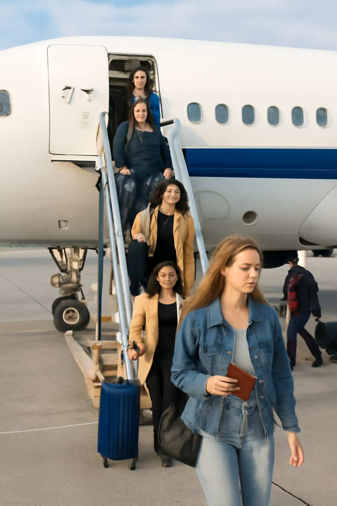 Passengers disembarking from an airplane via stairs