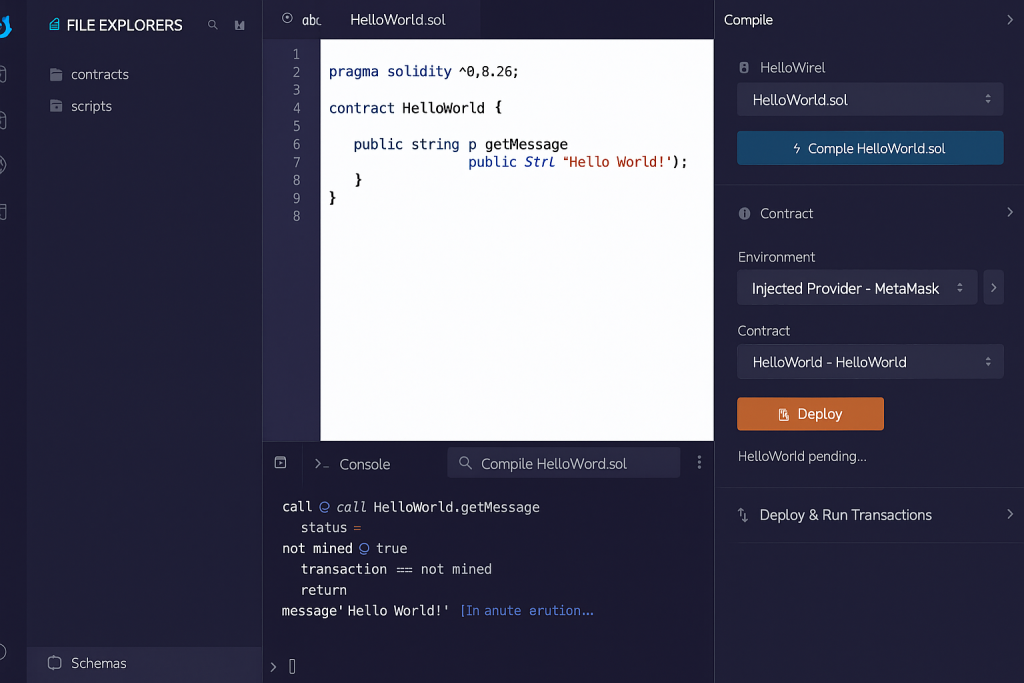 Remix IDE showing HelloWorld smart contract