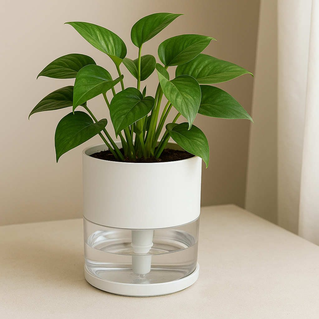 Automatic self-watering indoor plant pot with green foliage