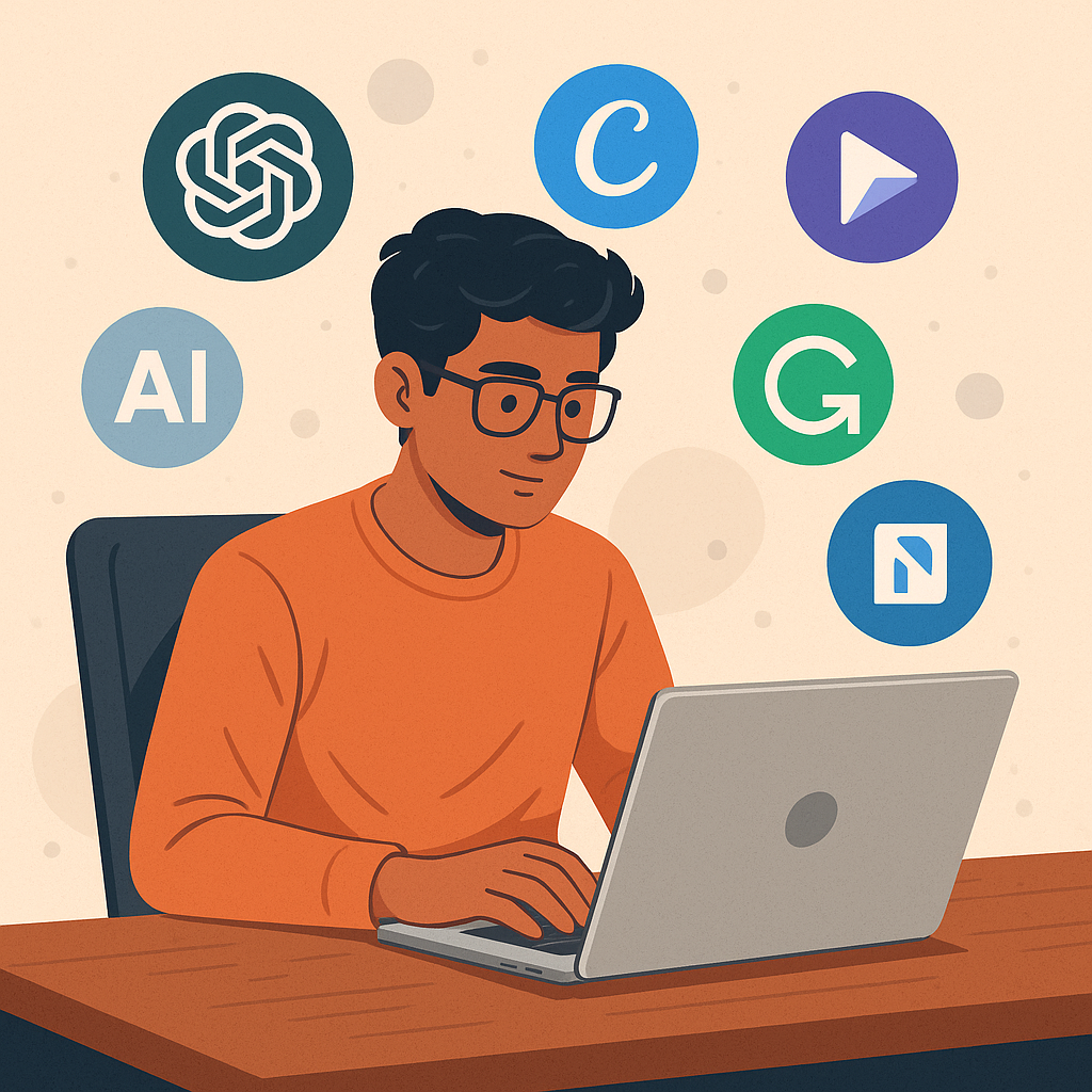 Student using laptop with floating AI tool icons like ChatGPT and Canva