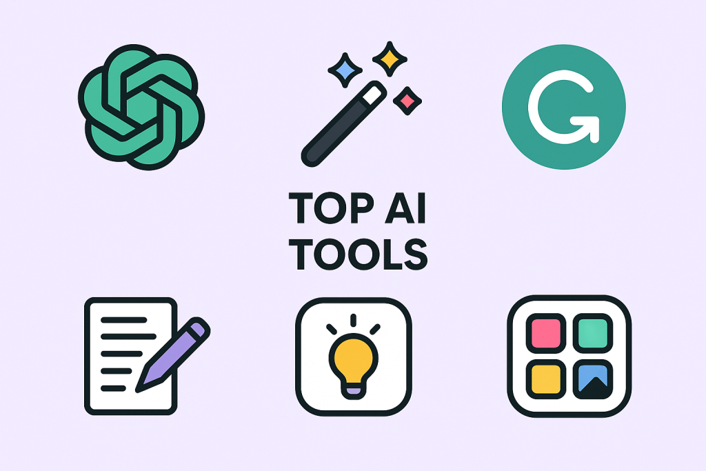 Collage of top AI tool icons including chat, writing, and design apps