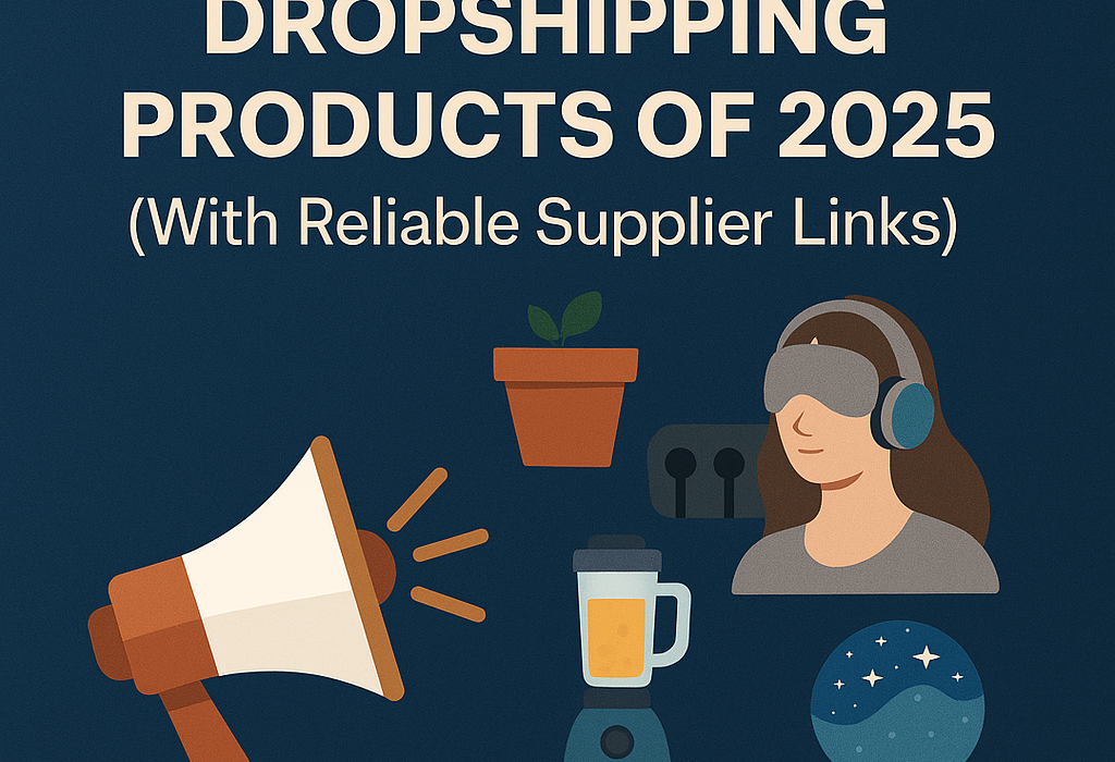 Cover image for Top Trending Dropshipping Products of 2025 blog with product illustrations and dark blue background