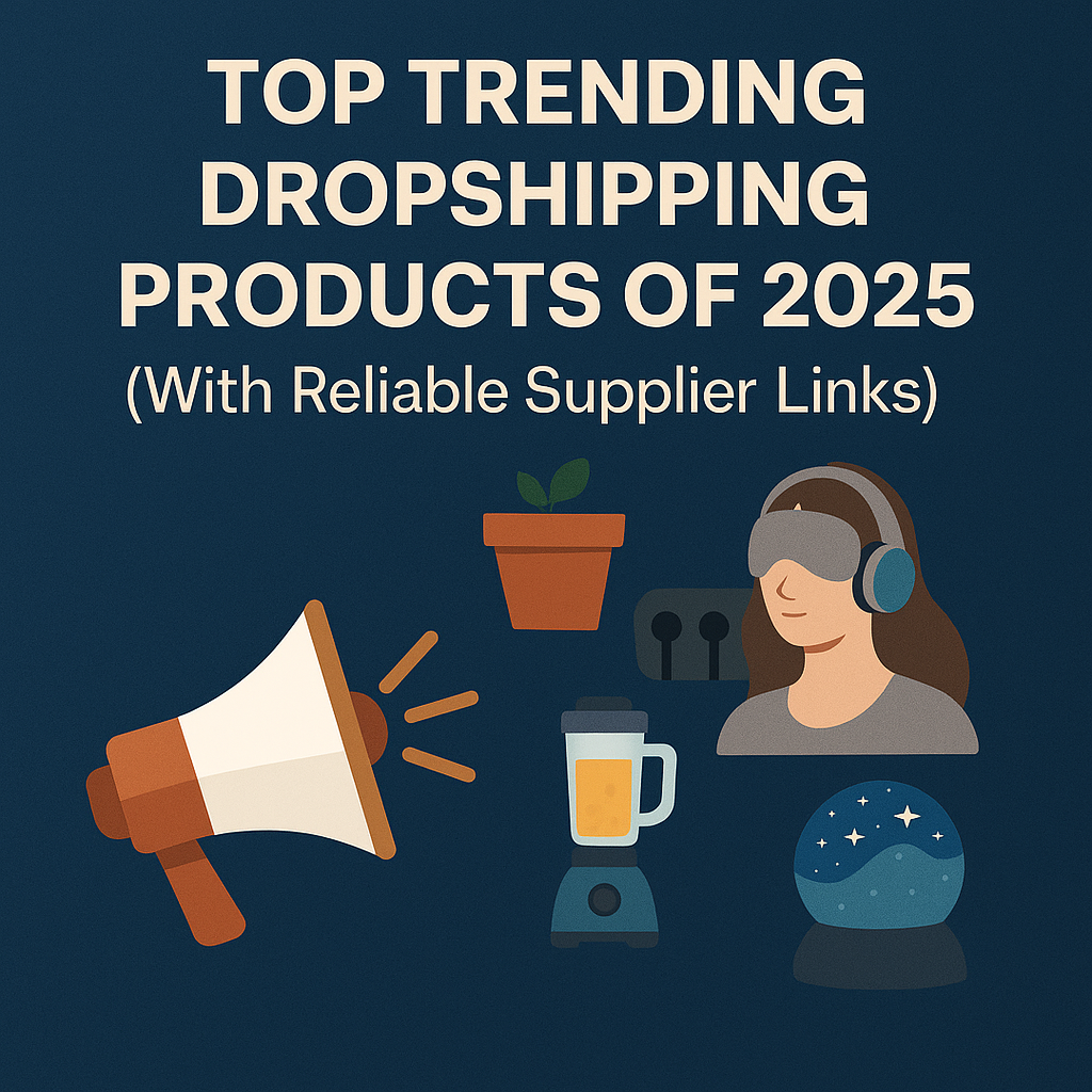 Cover image for Top Trending Dropshipping Products of 2025 blog with product illustrations and dark blue background
