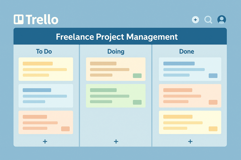 Trello board interface with To Do, Doing, and Done columns for freelance task tracking.
