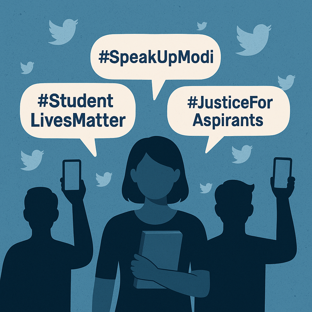 Silhouettes of students holding phones with speech bubbles showing trending hashtags