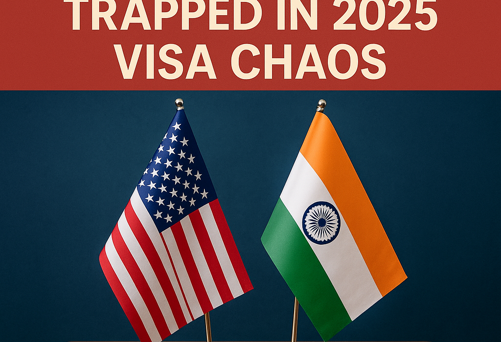 US and Indian flags on table with text about student visa chaos