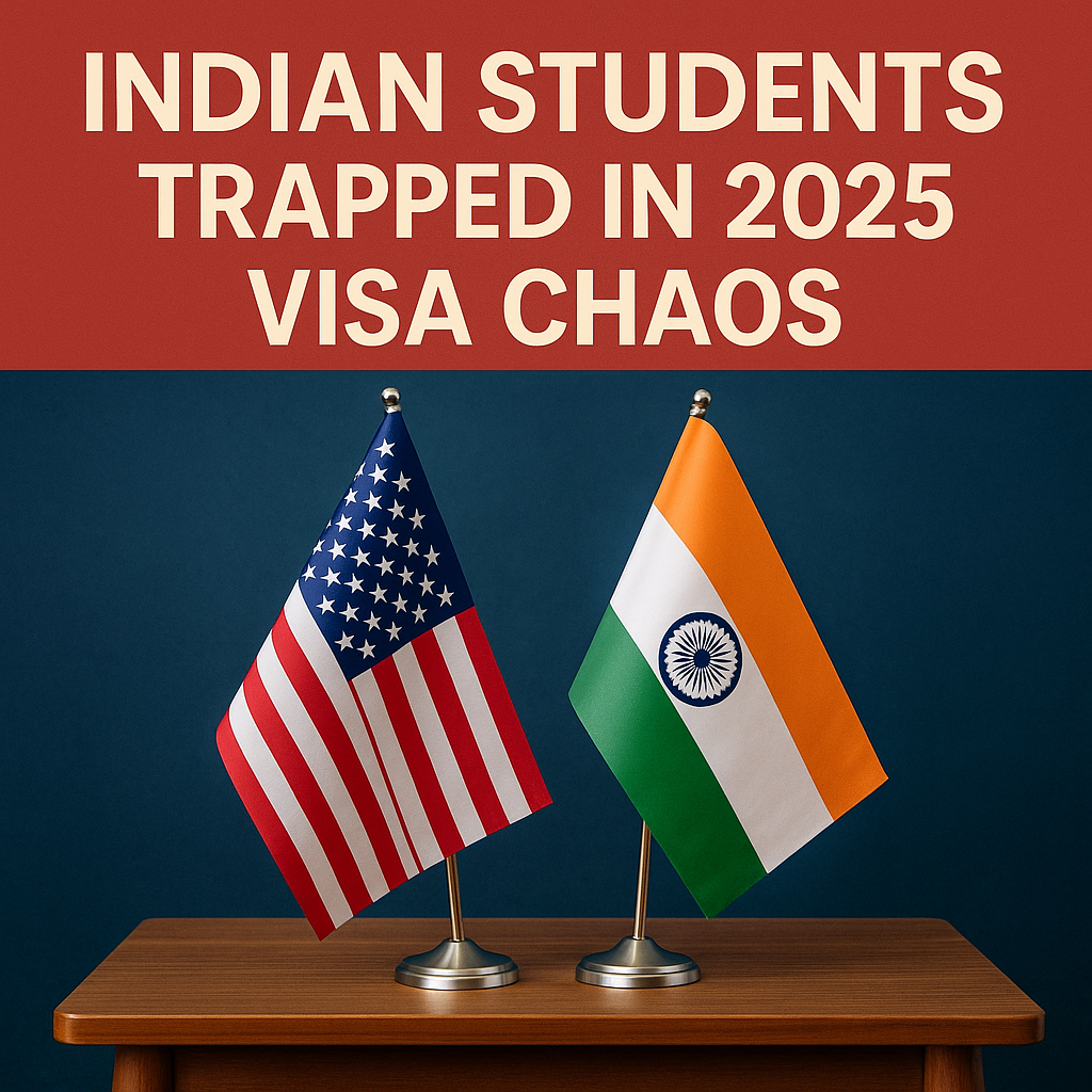 US and Indian flags on table with text about student visa chaos