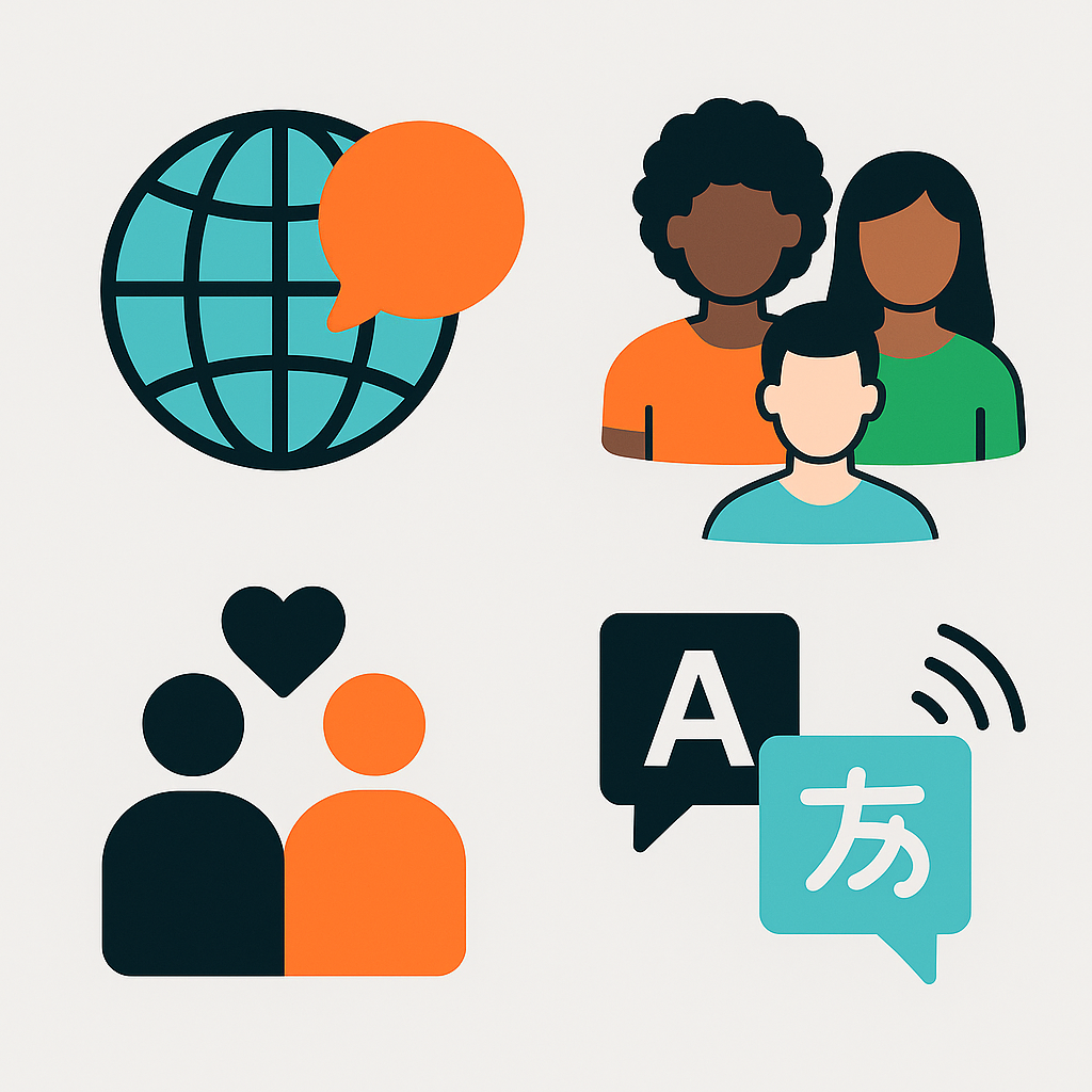 Icons representing global audience reach and inclusivity