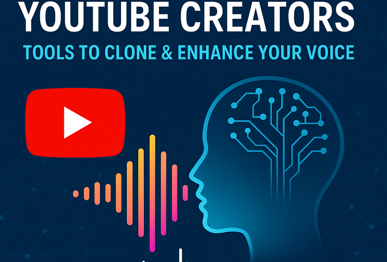 AI for YouTube creators with waveform, neural brain, and YouTube logo