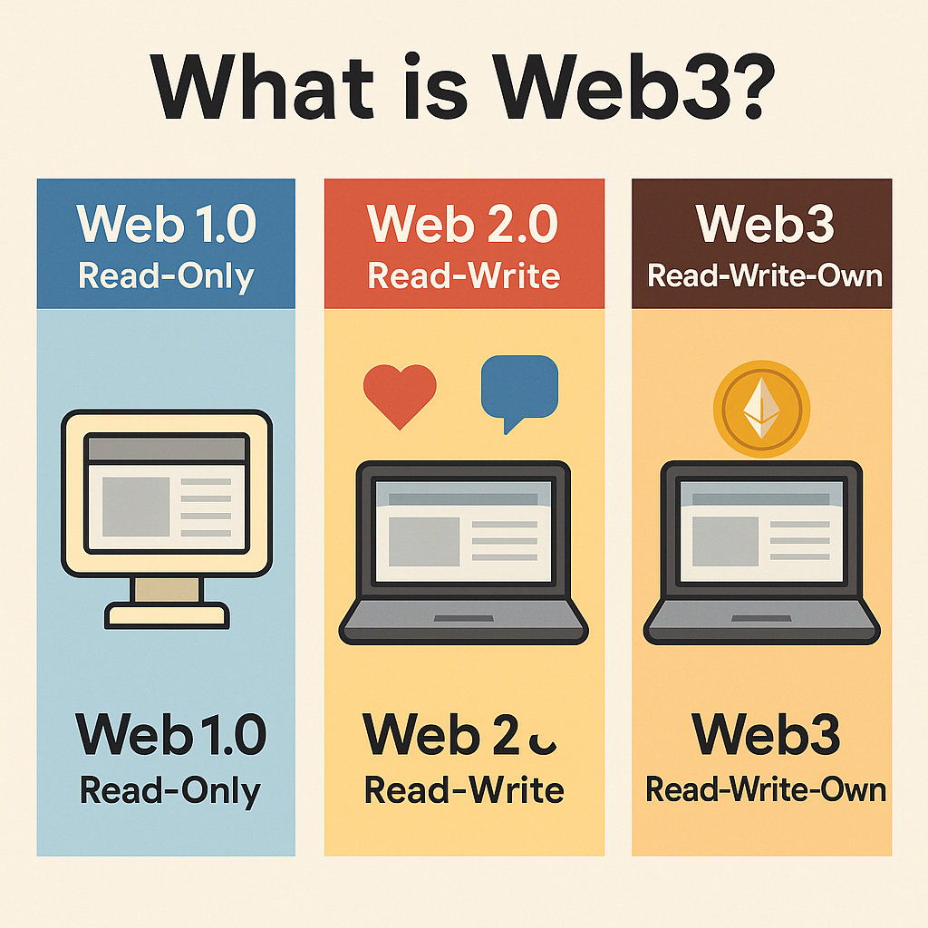 Infographic showing the evolution of tWeb1 (Read-Only) to Web2 (Read-Write) and Web3 (Read-Write-Own).