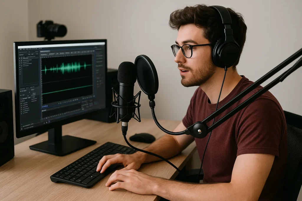 YouTuber recording voice at home studio with microphone and headphones.