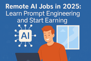 Flat-style digital illustration of a man working remotely on AI job in 2025 with laptop and AI icon