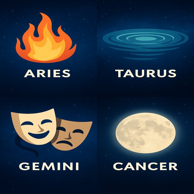 Zodiac symbols for Aries, Taurus, Gemini, and Cancer with unique icon illustrations.