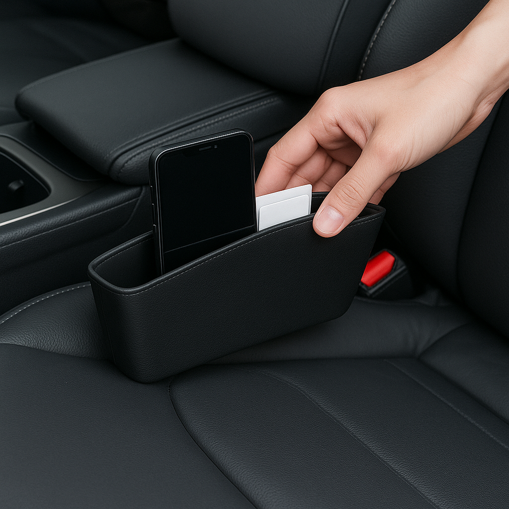 Car seat gap filler organizer holding phone and cards — must-have car accessory product for 2025