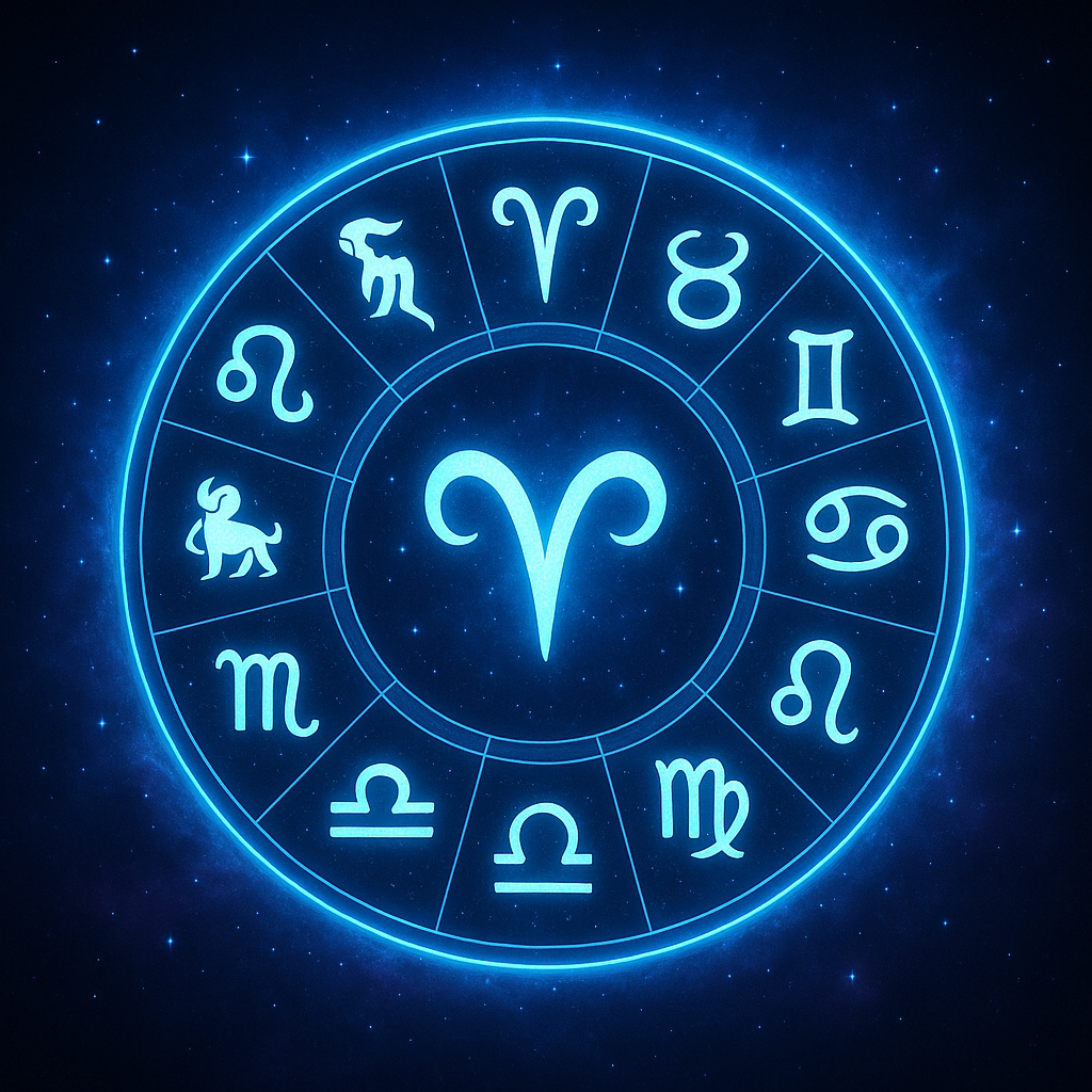 Glowing zodiac wheel featuring all 12 astrology signs in a cosmic background.
