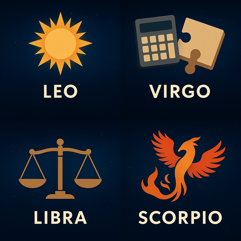 Zodiac signs Leo, Virgo, Libra, and Scorpio with creative icon representations.