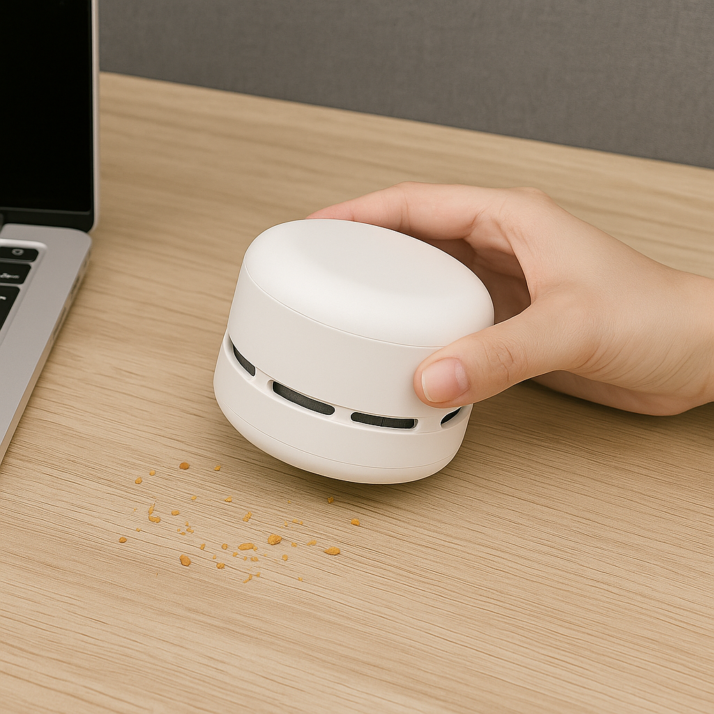 Mini desktop vacuum cleaner picking up crumbs near a laptop — compact cleaning products for workspace organization in 2025.