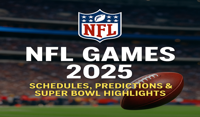 NFL Games 2025 poster with schedule, predictions, and Super Bowl highlights