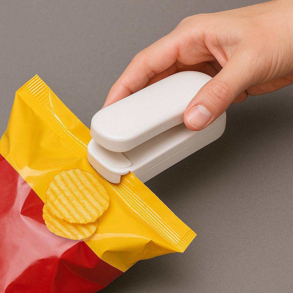 Hand using mini bag sealer to close chip packet — trending kitchen gadget product for 2025