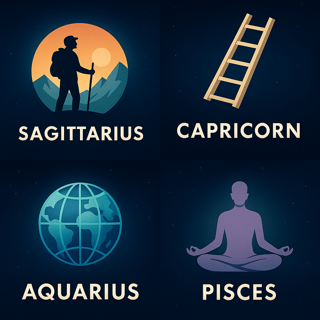 Zodiac symbols for Sagittarius, Capricorn, Aquarius, and Pisces with modern illustrations.