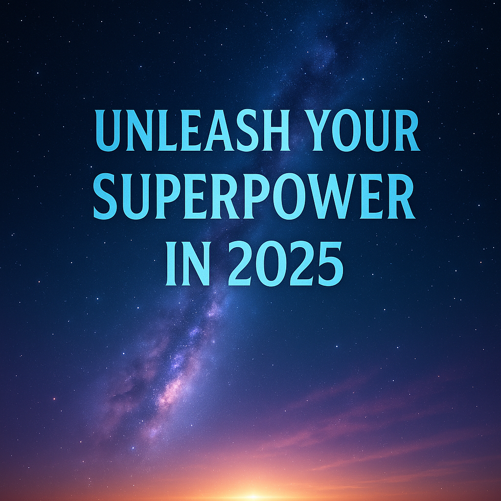 Motivational quote "Unleash Your Superpower in 2025" over a cosmic sunrise background.