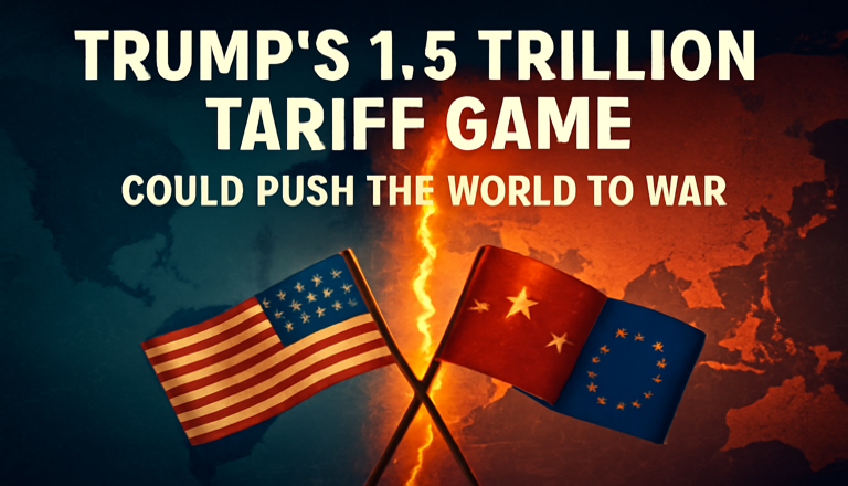 Trump's $1.5 trillion tariff game with flags of the U.S., China, and the EU, set against a split world map, highlighting the global economic conflict."
