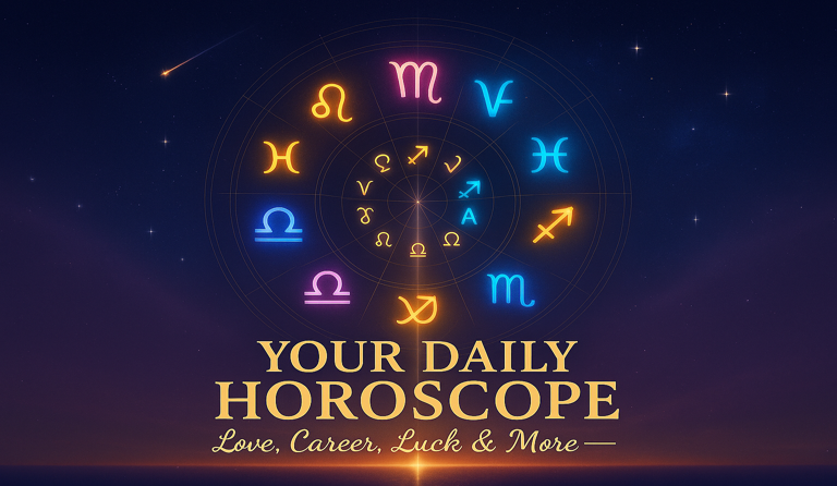Glowing zodiac wheel with vibrant neon symbols and text “Your Daily Horoscope — Love, Career, Luck & More” on a cosmic background.