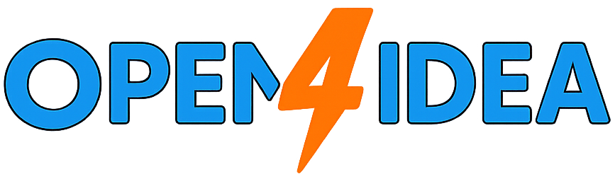 Open4Idea logo with lightning-style number 4 in orange and blue text on a dark gradient background