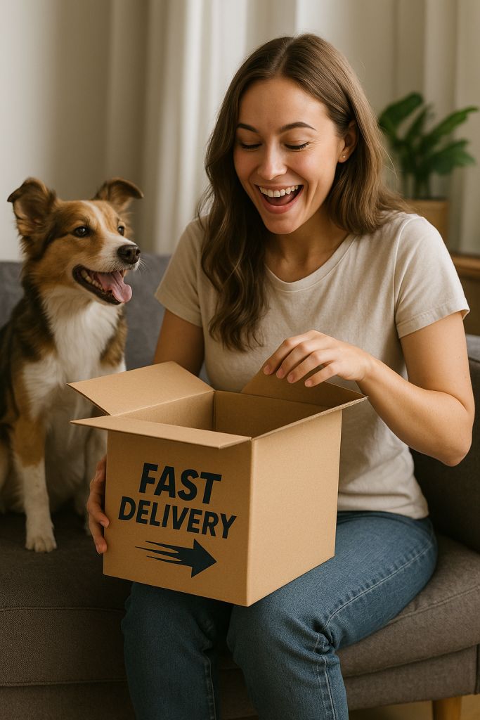 Photo of a happy pet owner receiving a fast delivery box.