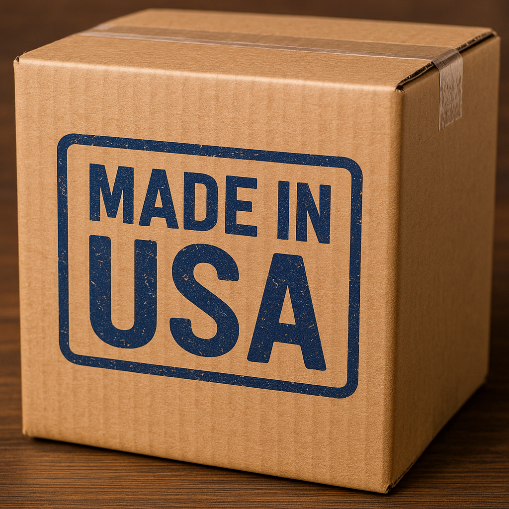 A bold “Made in USA” stamp on a package.