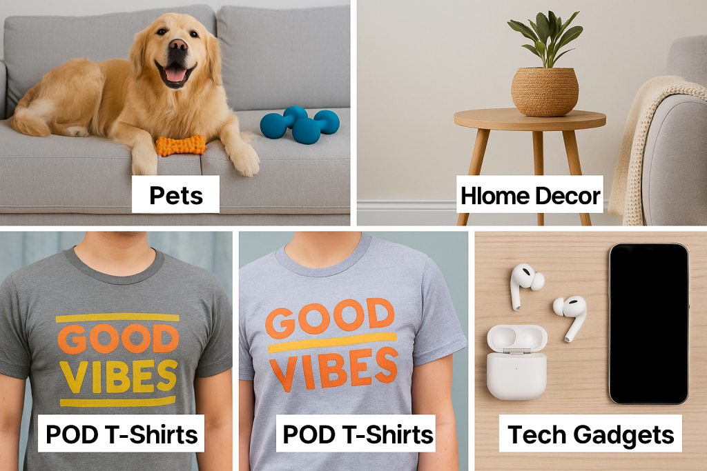 Collage of trending niches → pets, fitness gear, home decor, POD t-shirts, tech gadgets.