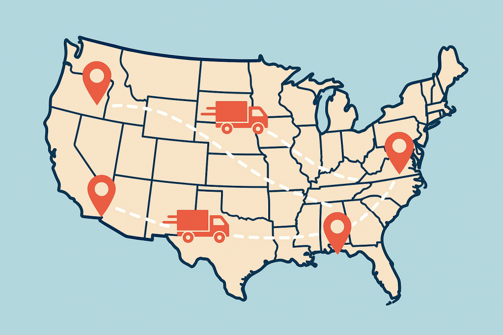 Map of the U.S. with delivery routes highlighted.