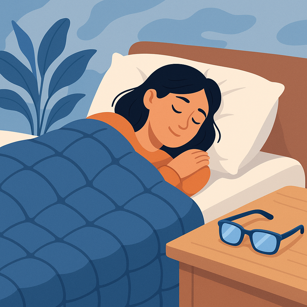 Weighted blanket with peaceful sleeping person & blue-light glasses beside bed.