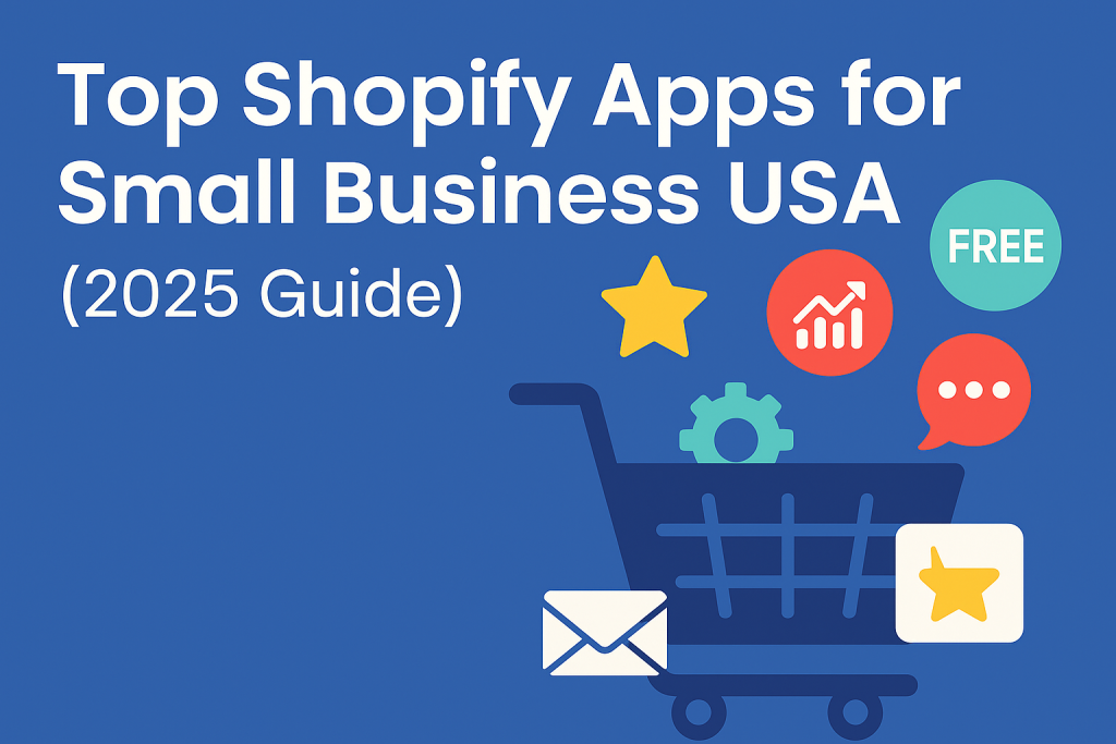 Shopping cart with Shopify app icons and Free badge for best Shopify apps for small business USA 2025