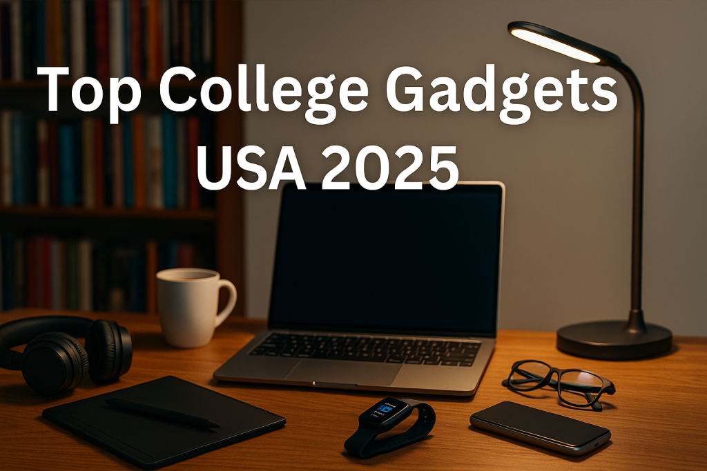 Top college gadgets USA 2025 – laptop, headphones, smart lamp on dorm desk