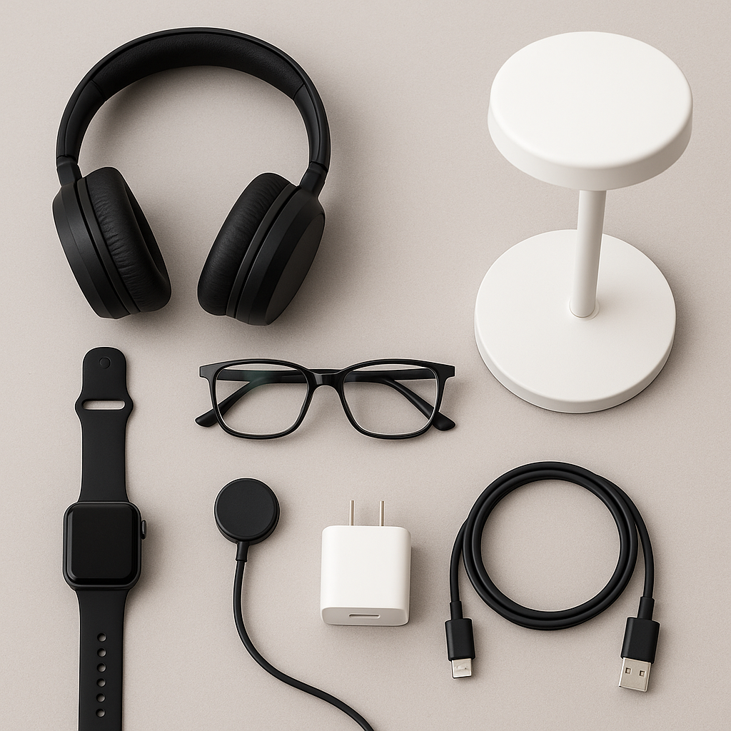 Flat-lay of 5–6 gadgets (headphones, glasses, smartwatch, charger, lamp).