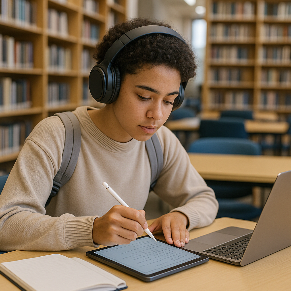 Student wearing noise-cancelling headphones, using a digital notebook in a library.