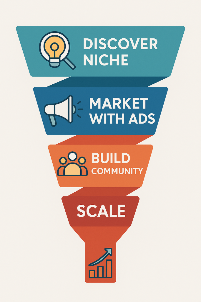 Funnel-style infographic (Discover niche → Market with ads → Build community → Scale).