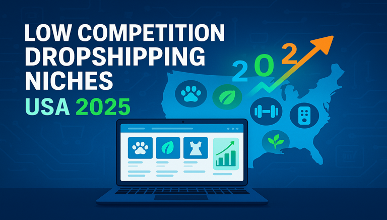 Cover image for Low-Competition Dropshipping Niches USA 2025 blog showing laptop, USA map, niche icons, and growth chart.