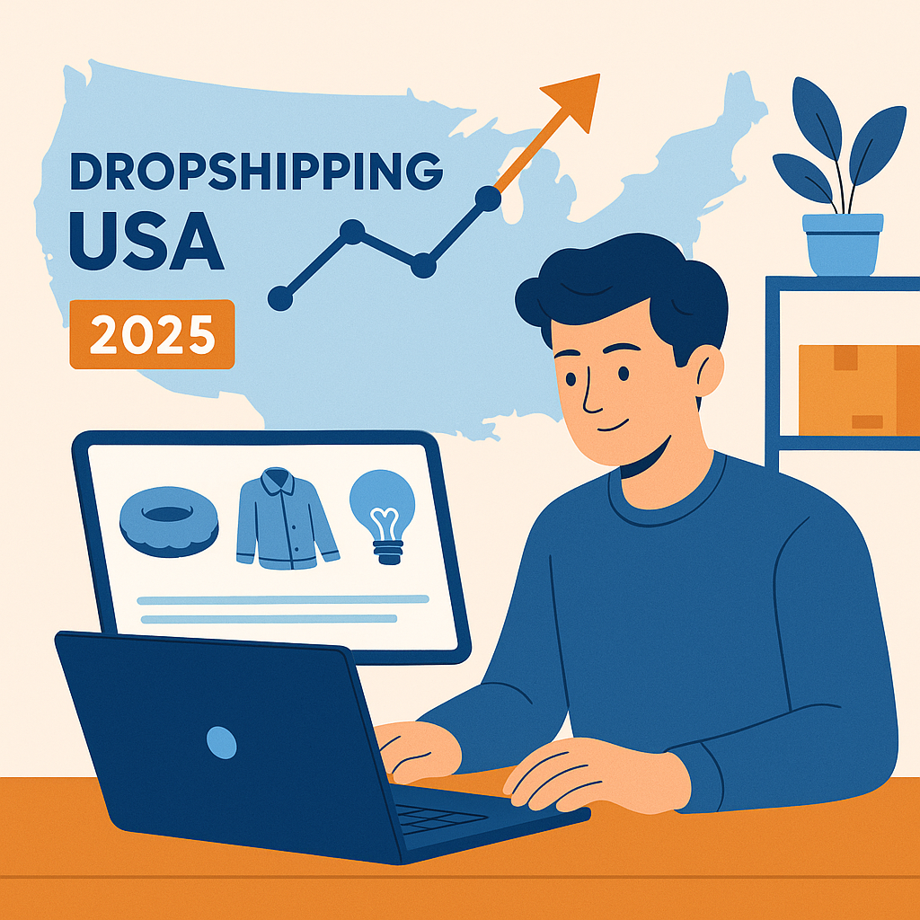 online store owner analyzing niche products on laptop with US map & growth chart.