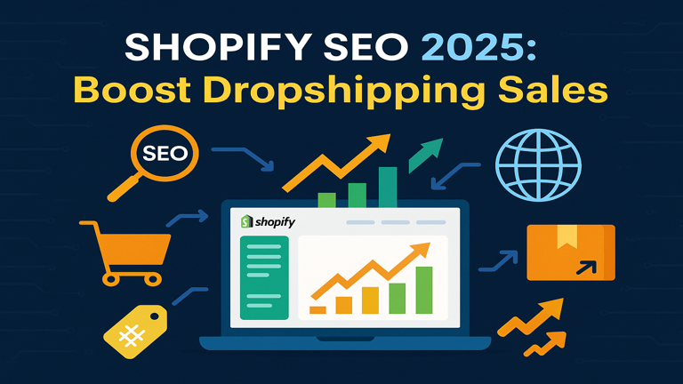 Shopify SEO 2025 cover image showing futuristic dashboard, upward graphs, and dropshipping cart icons to boost sales.