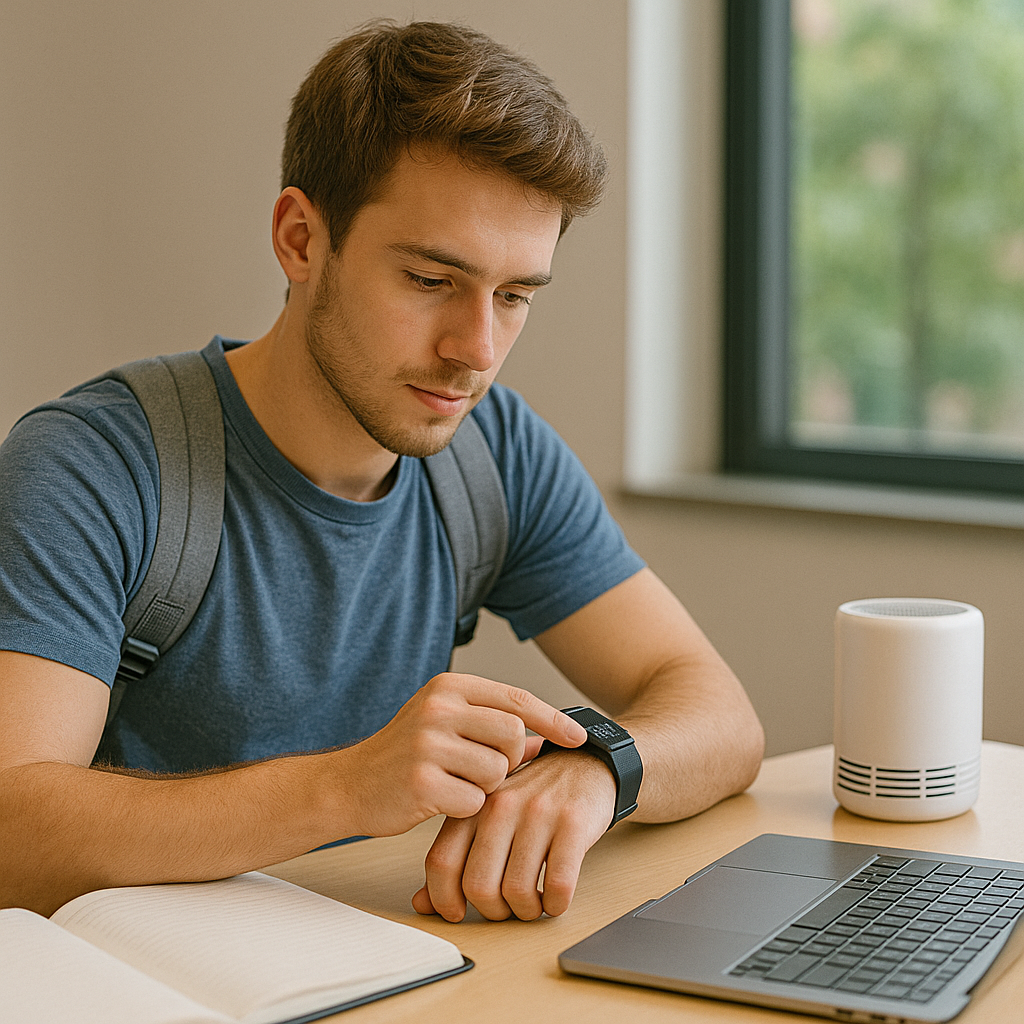 Student checking fitness band stats + small air purifier on a desk.