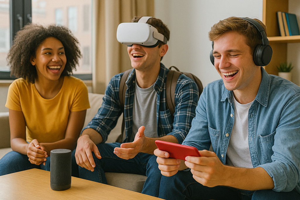 Group of students in a dorm enjoying music from a Bluetooth speaker or VR headset.